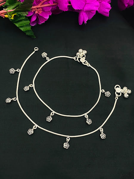 925 Antique Silver Hanging Flower Anklet For Women - 11 Inches