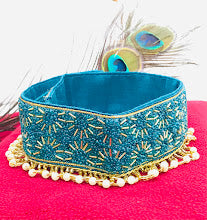 Elegant Teal Blue Color Hip Belt With Golden And White Beads Work Near Me