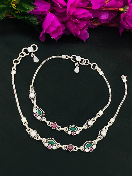 925 Antique Silver Multicolor Stone Anklet -11 Inches