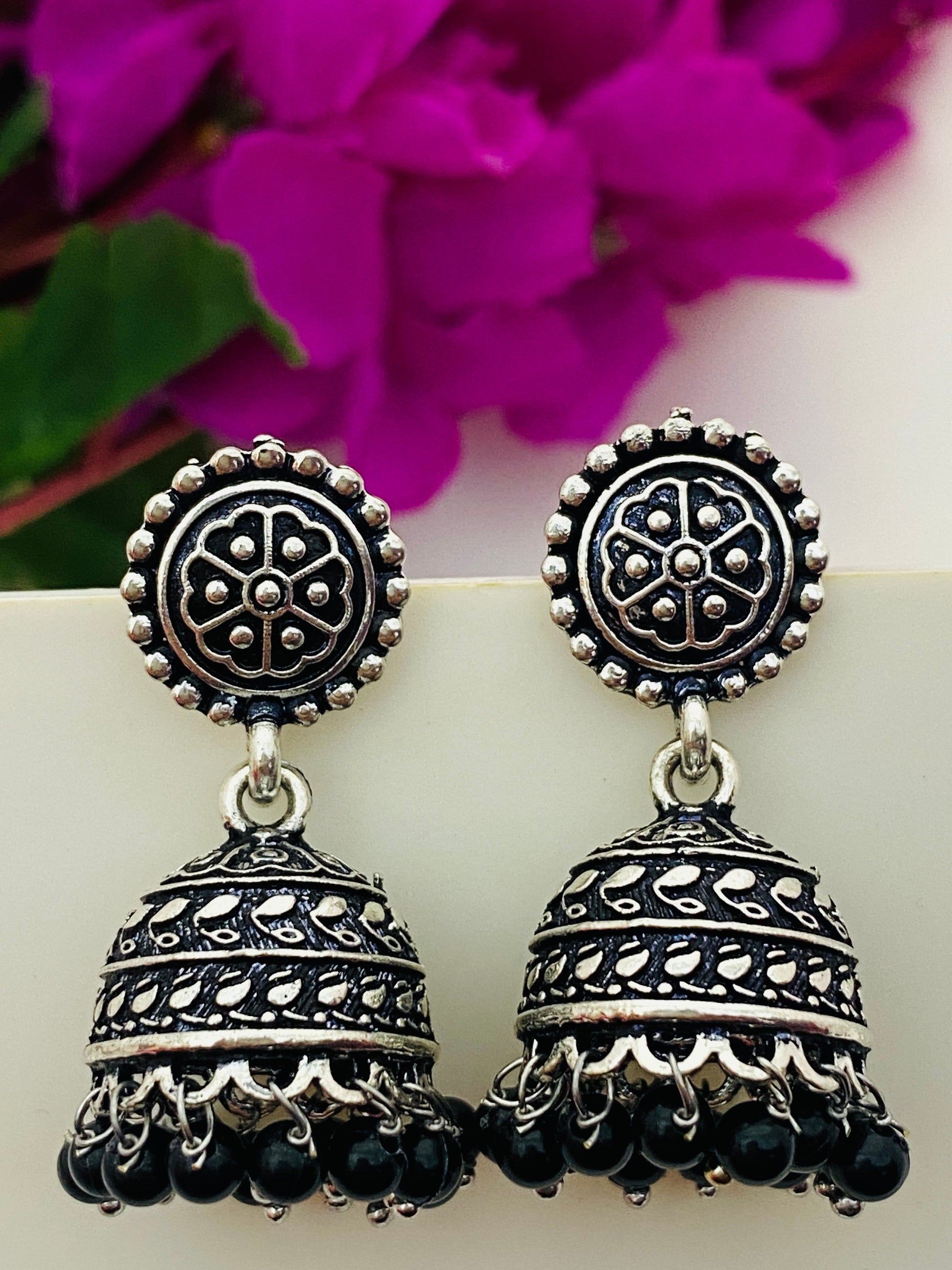 Delightful Oxidized Silver Plated Jhumkas With Black Pearl Drops