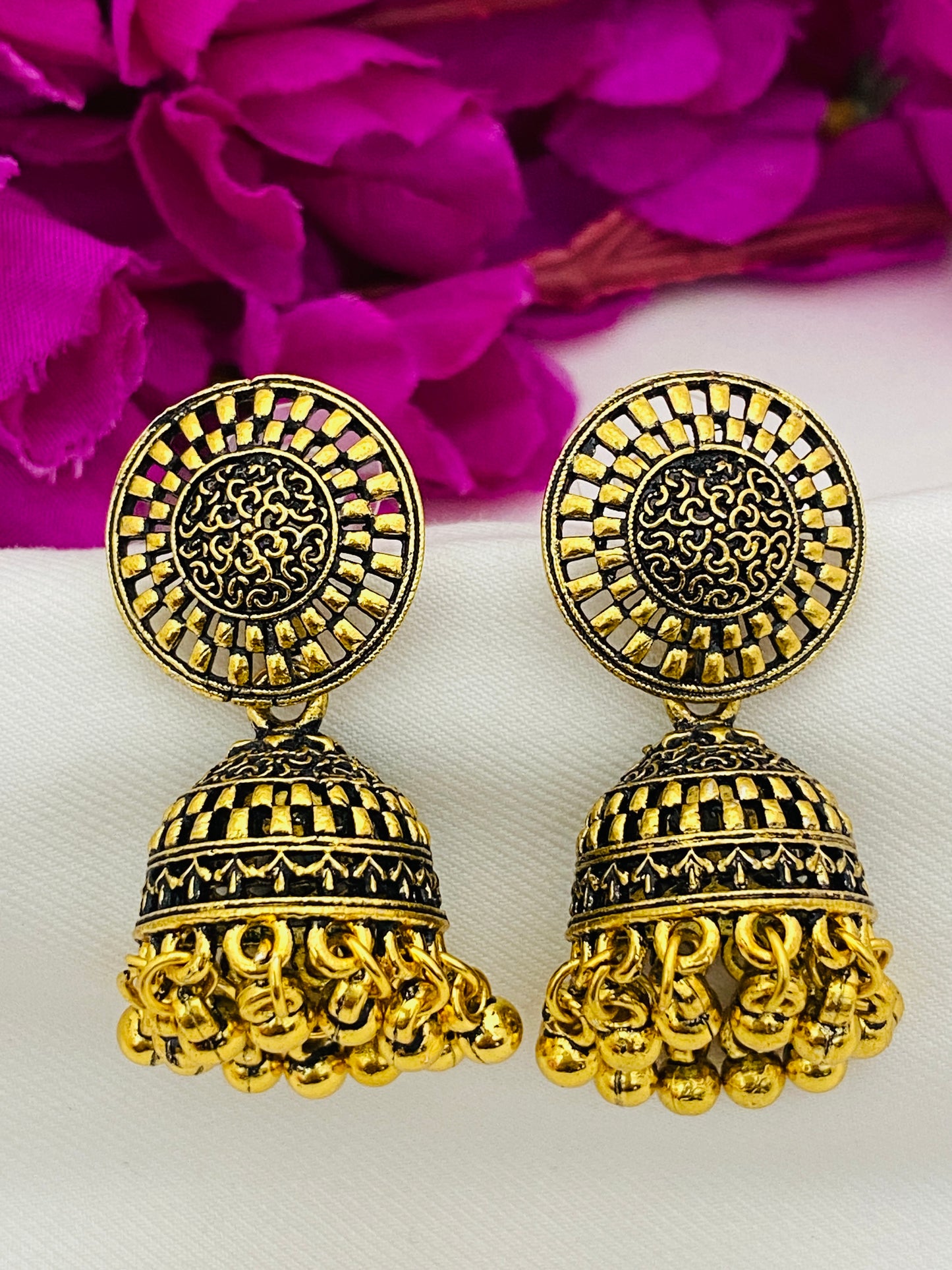 Attractive Oxidized Gold Plated Designer Jhumka with Beads