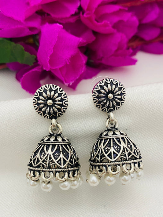 Alluring Silver Oxidized Leaf Design Jhumkas With White Color Beads 