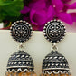 Elegant Oxidized Silver Plated Jhumkas With Peach Color Beads