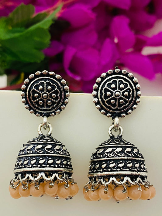 Elegant Oxidized Silver Plated Jhumkas With Peach Color Beads