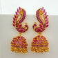 Attractive Golden Dancing Peacock Jhumka With Ruby Stones And Tear Drops