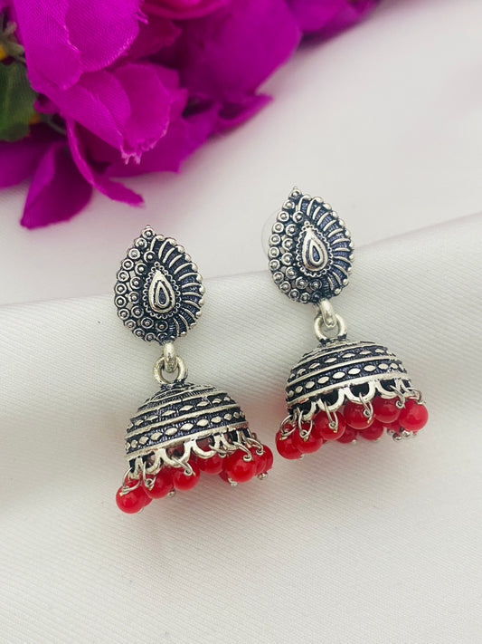 Stunning Red Beads Silver Plated Oxidized Jhumka Earrings