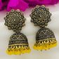 Appealing Yellow Color Pearl Beaded Floral Design Oxidized Jhumkas