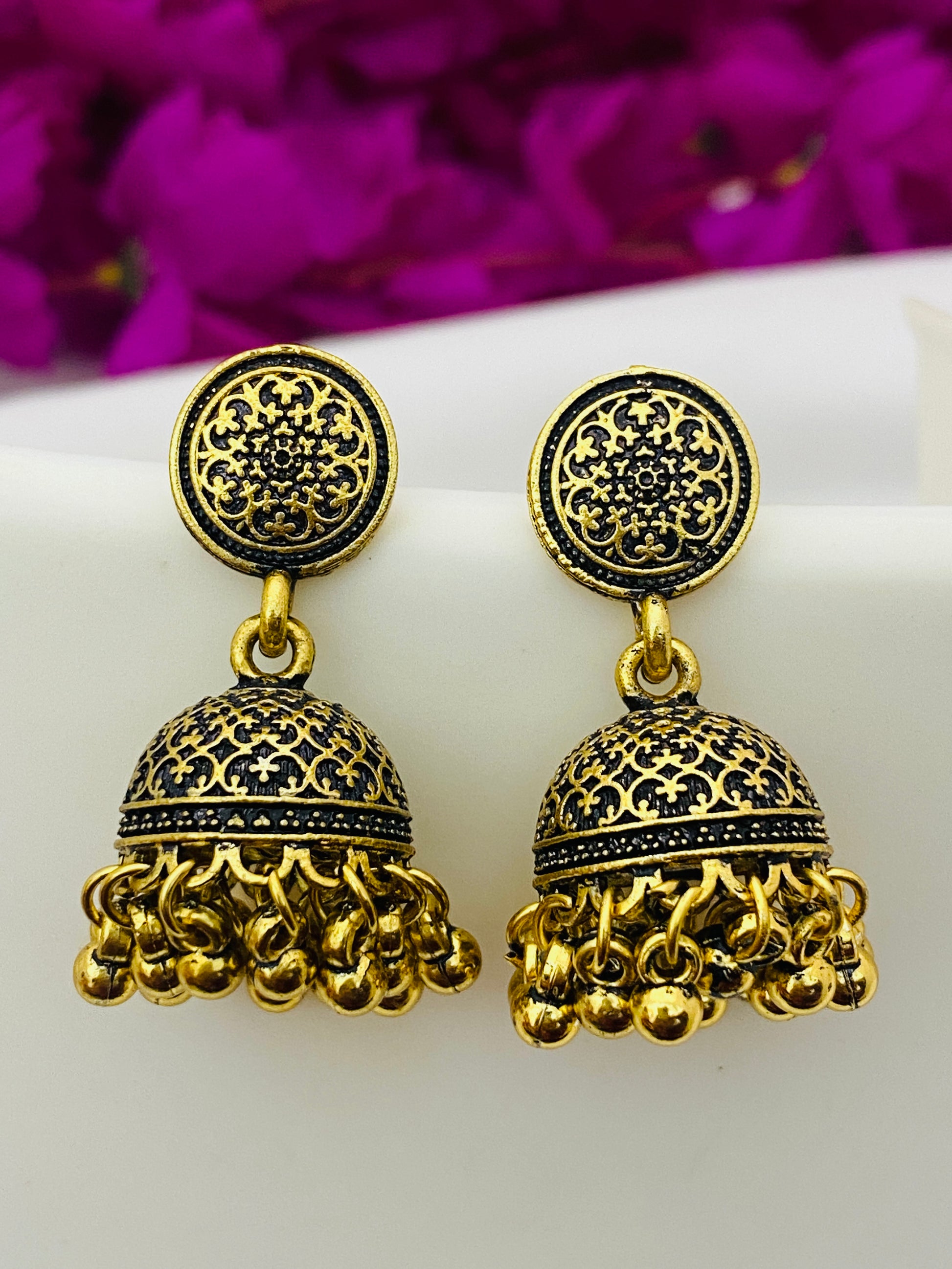 Traditional Antique Gold Floral Shape Jhumkas