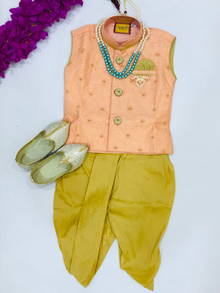 Charming Peach Colored Kids Sherwani Juttis In Case Granda