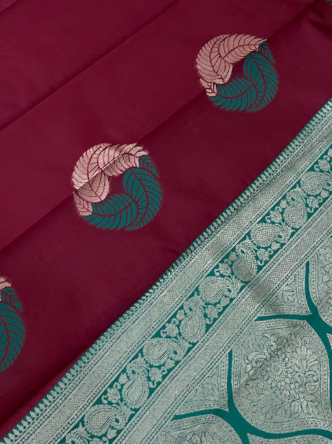 Dark Purple Color leaf motifs Pure Kanchi Silk Saree In Chandler
