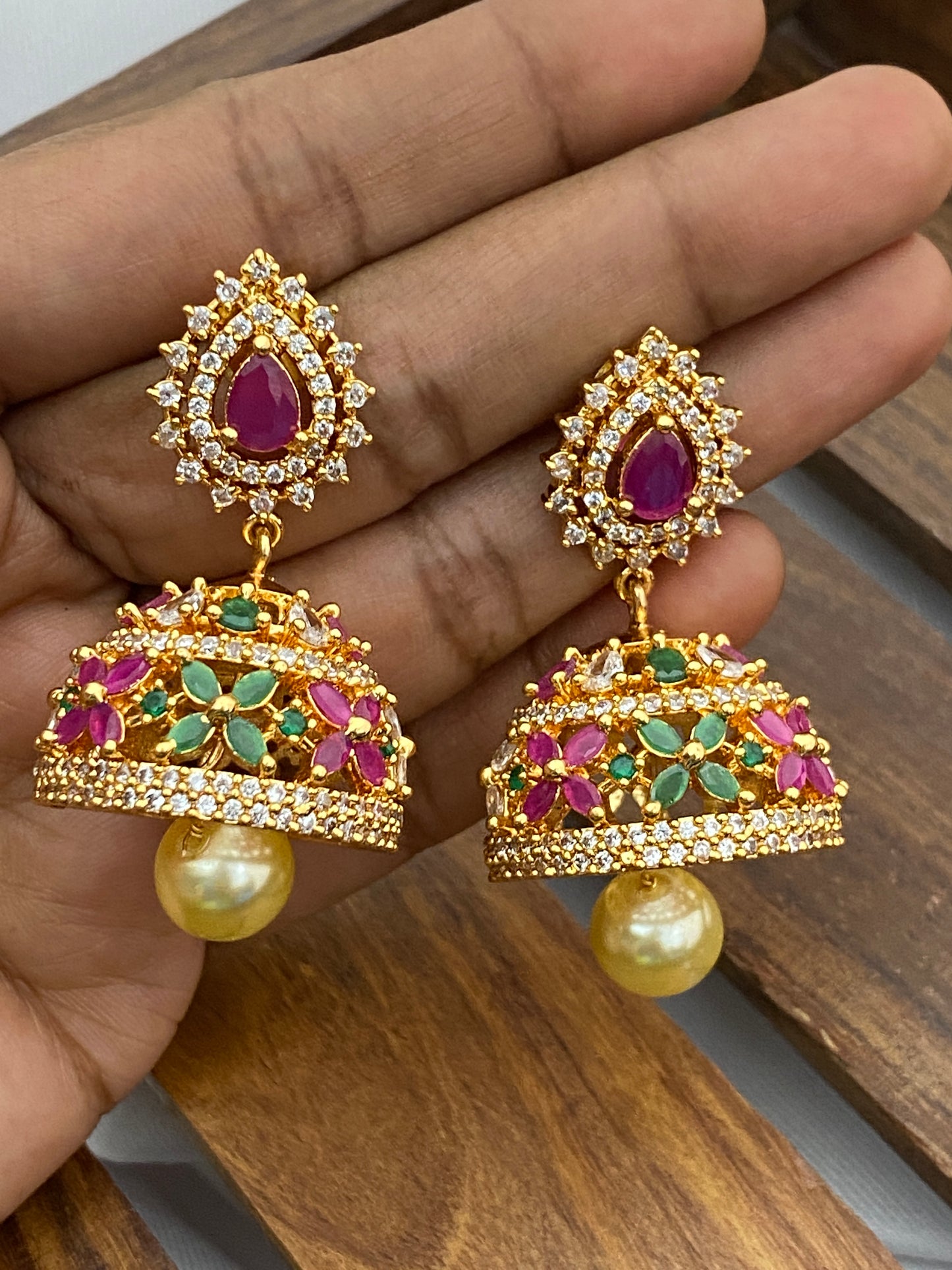 cz ruby green jhumka Earrings In USA