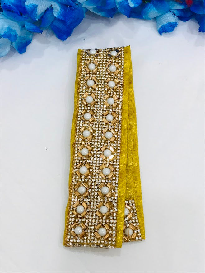 Attractive Gold Colored Saree Belt With Stones And White Beads