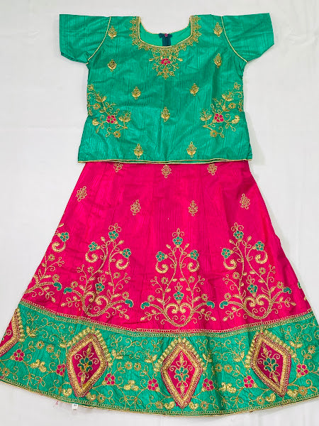 Lovely Green Color Heavy Embroidery Satin Silk Girls Lehenga Choli With Dupatta