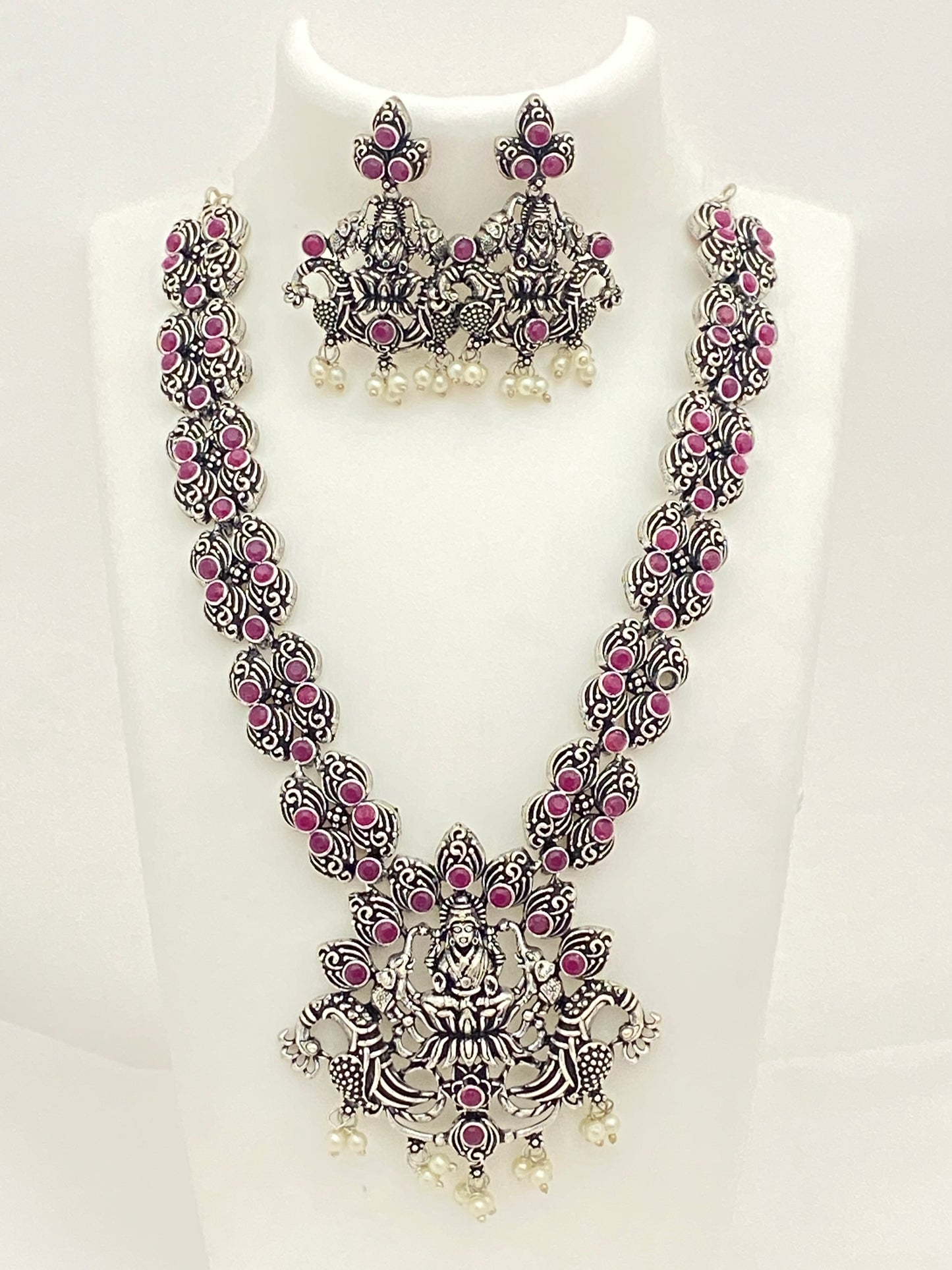 Gorgeous Silver Oxidized Long Lakshmi Haram With Ruby Stone Braded Necklace Set With Earrings