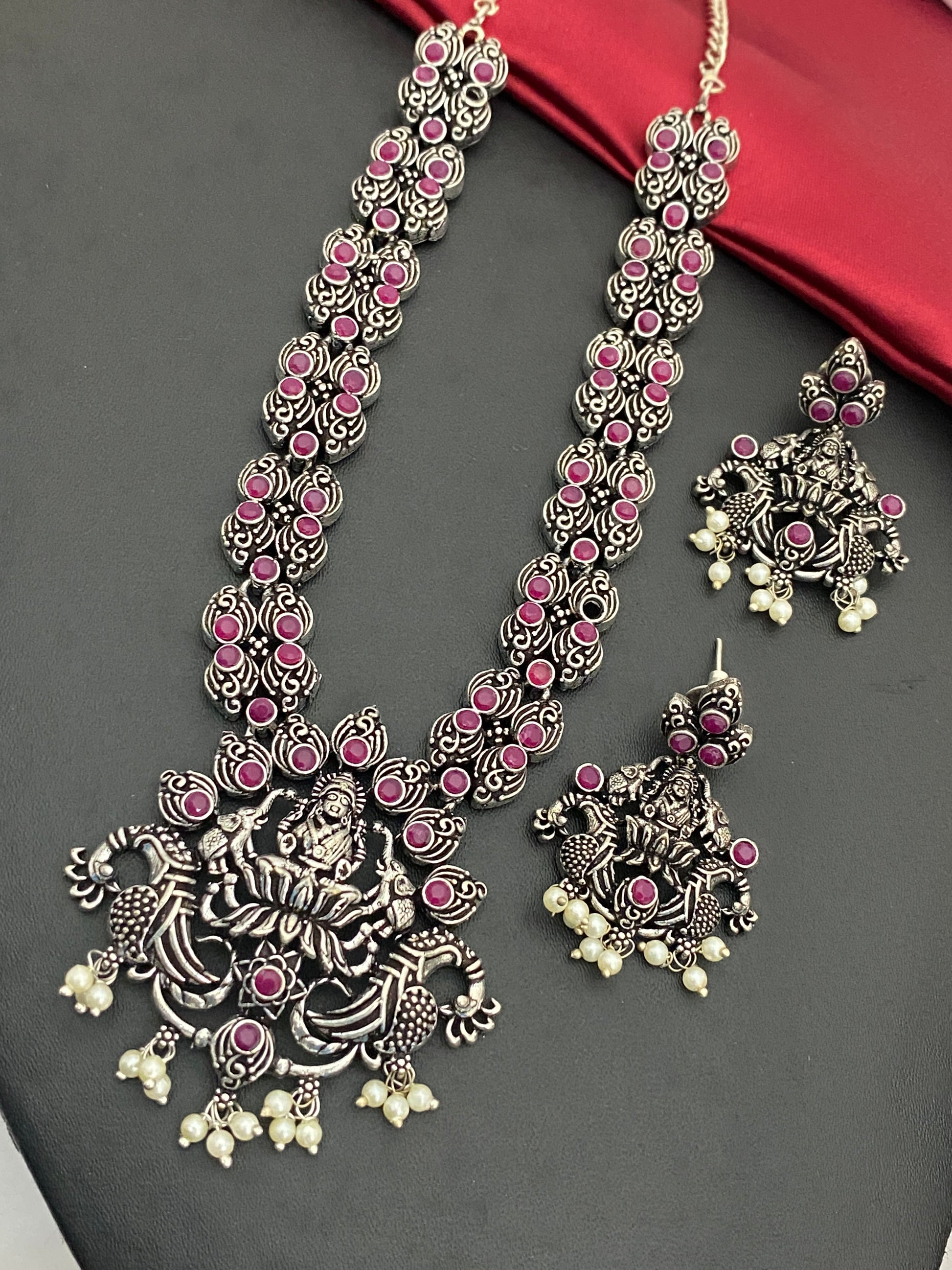 Silver Oxidized Long Lakshmi Haram With Ruby Stone Braded Necklace Set Near Me