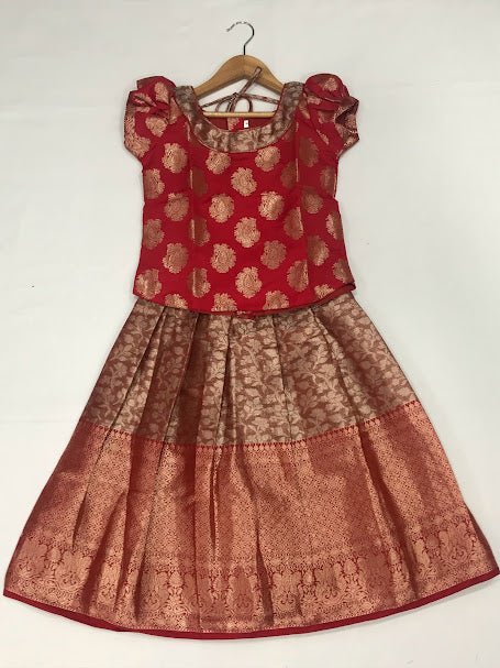 Gorgeous Maroon Color Floral Design Silk Langa Set For Girls