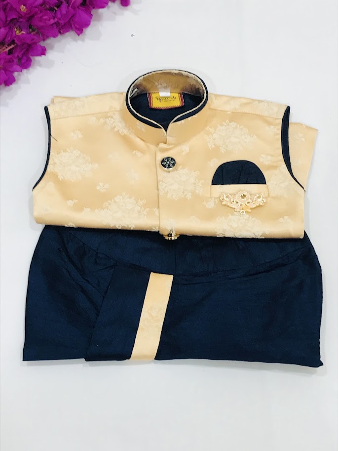 Traditional Navy Blue Color Sleeveless Kids Kurta With Dhoti  Pant