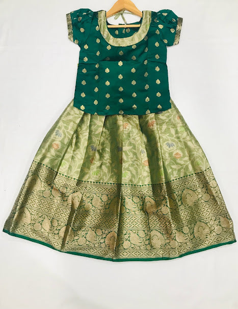 Charming Green Color Designer Silk Langa Set For Kids