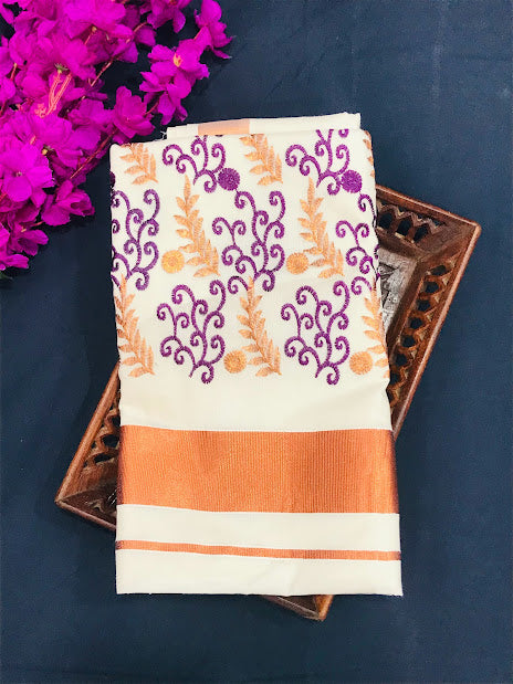Cotton Saree With Leaf Brocades And Copper Zari Border in Holbrook