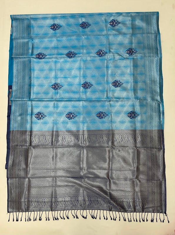 Sky Blue Color Art Silk Saree With Dark Blue Rich Pallu In Yuma