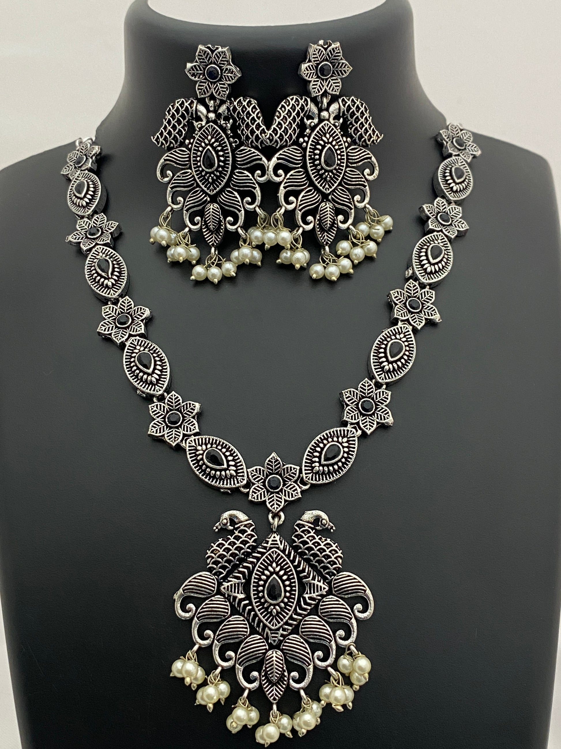 Peacock Flower Designed Black Stone Studded Oxidized Necklace Set With Earrings Near Me
