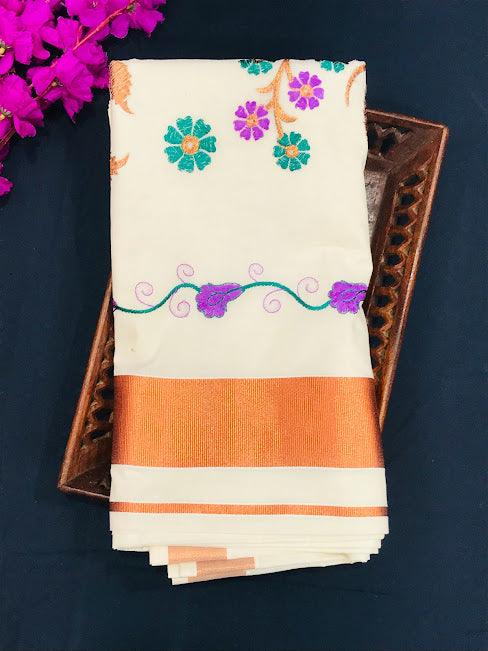 Attractive Kerala Kasavu Cotton Flower Embroidery Saree In USA
