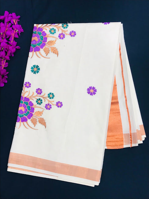 Attractive Kerala Kasavu Cotton Flower Embroidery Saree