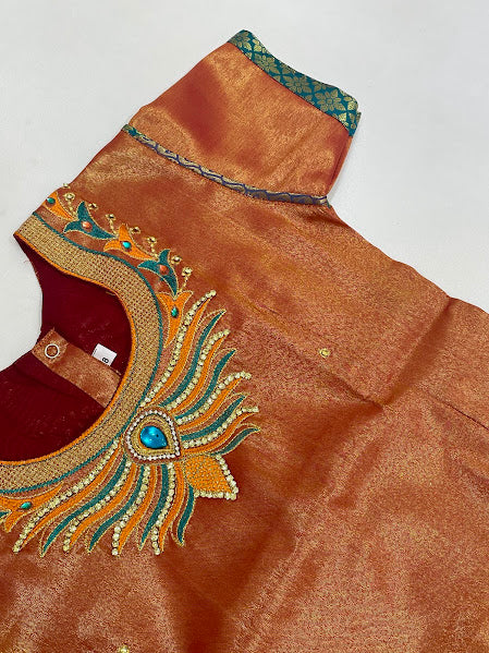 Orange And Green Color Art Silk Langa Set In Yuma