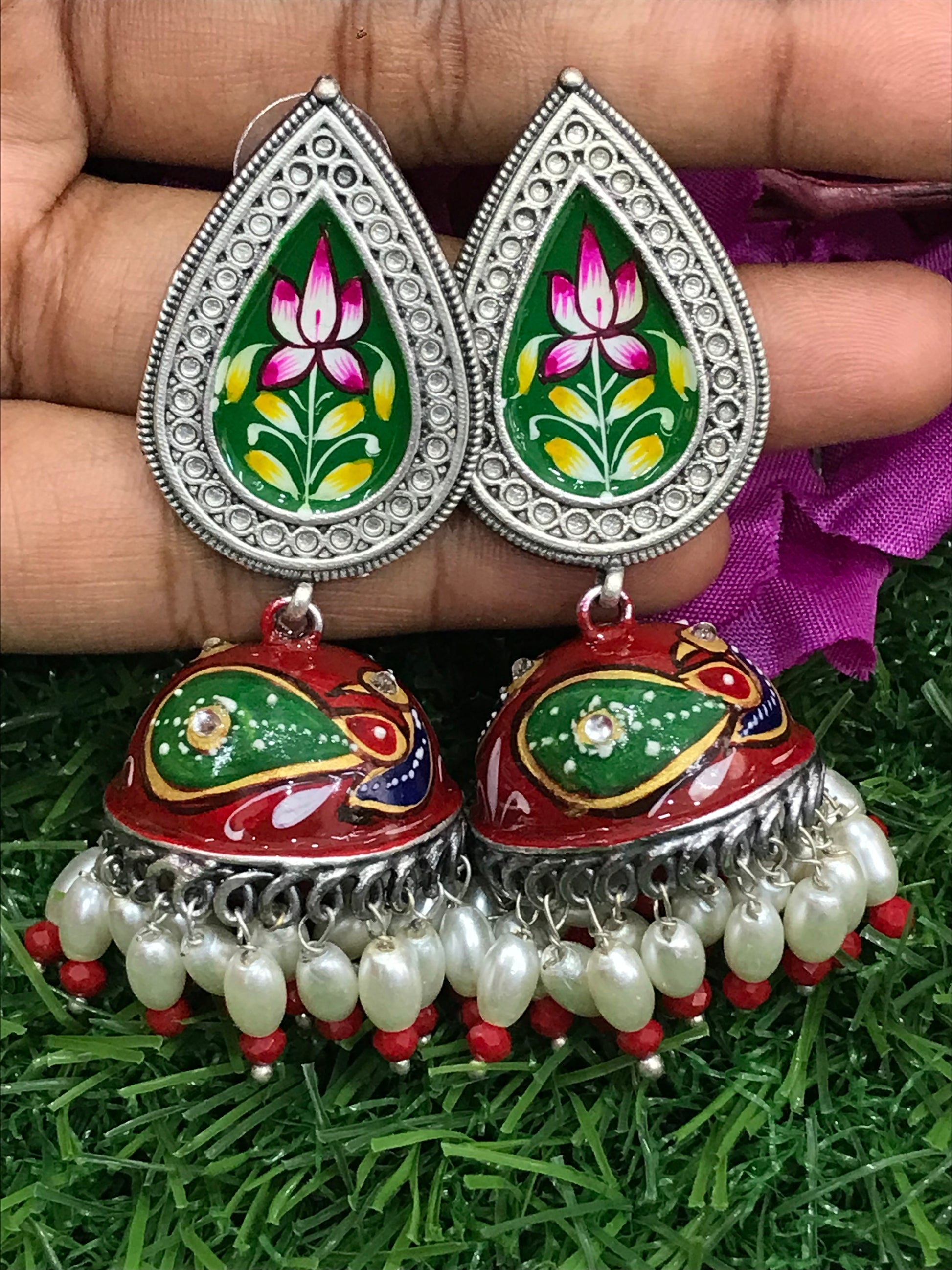 Red And White Beads Silver Plated Hand Painted Oxidized Jhumka Earrings Near Me