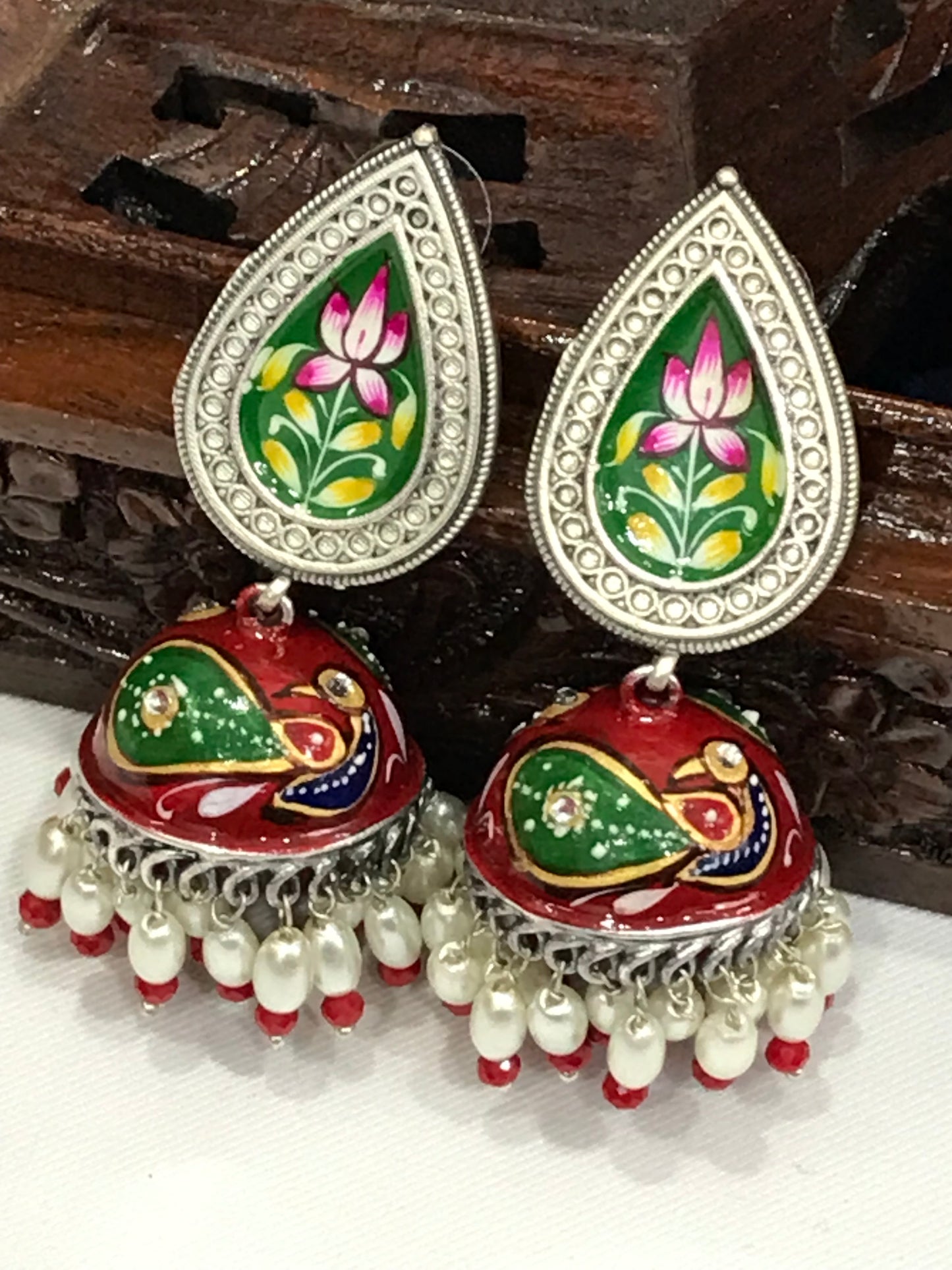 Silver Plated Hand Painted Oxidized Jhumka Earrings in Cotton wood