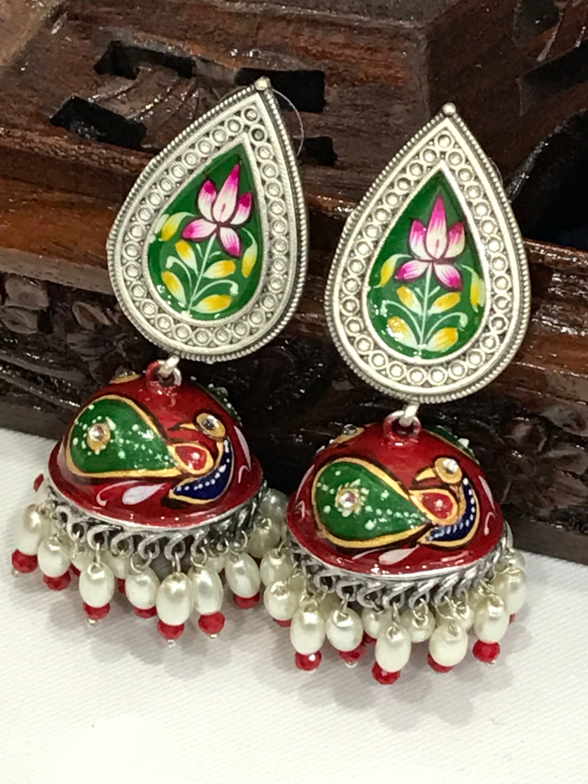 Silver Plated Hand Painted Oxidized Jhumka Earrings in Cotton wood