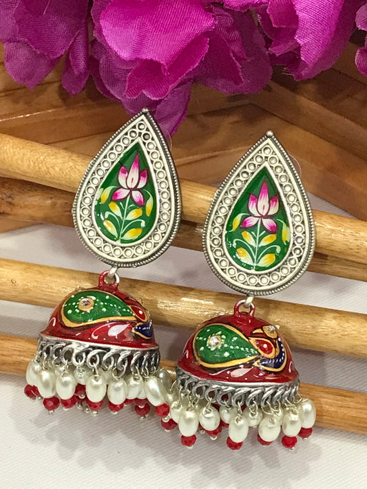 Traditional Red And White Beads Silver Plated Hand Painted Oxidized Jhumka Earrings