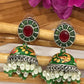 Elegant Green And Red Color Hand Painted Peacock Designed Oxidized Jhumka Earrings With Pearl Beads