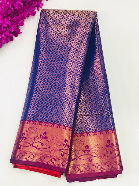 Beautiful Blue Colored Floral Designed Soft Silk Saree With Pink Border