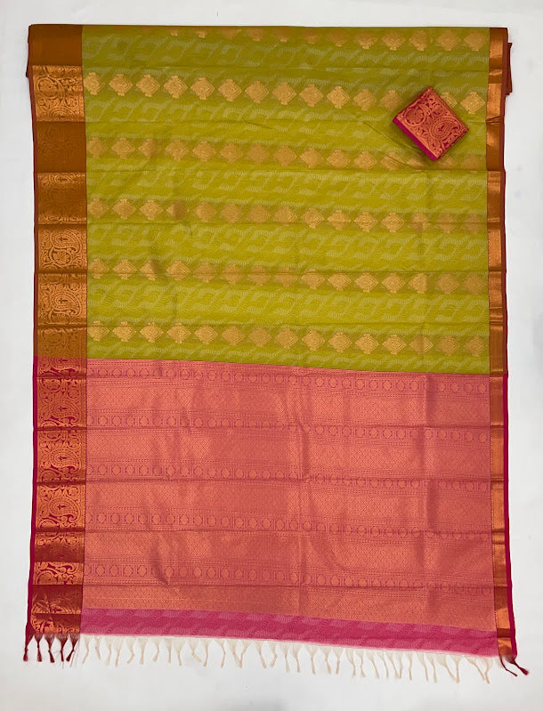 Green Color Art Silk Saree With Pink Border In Yuma