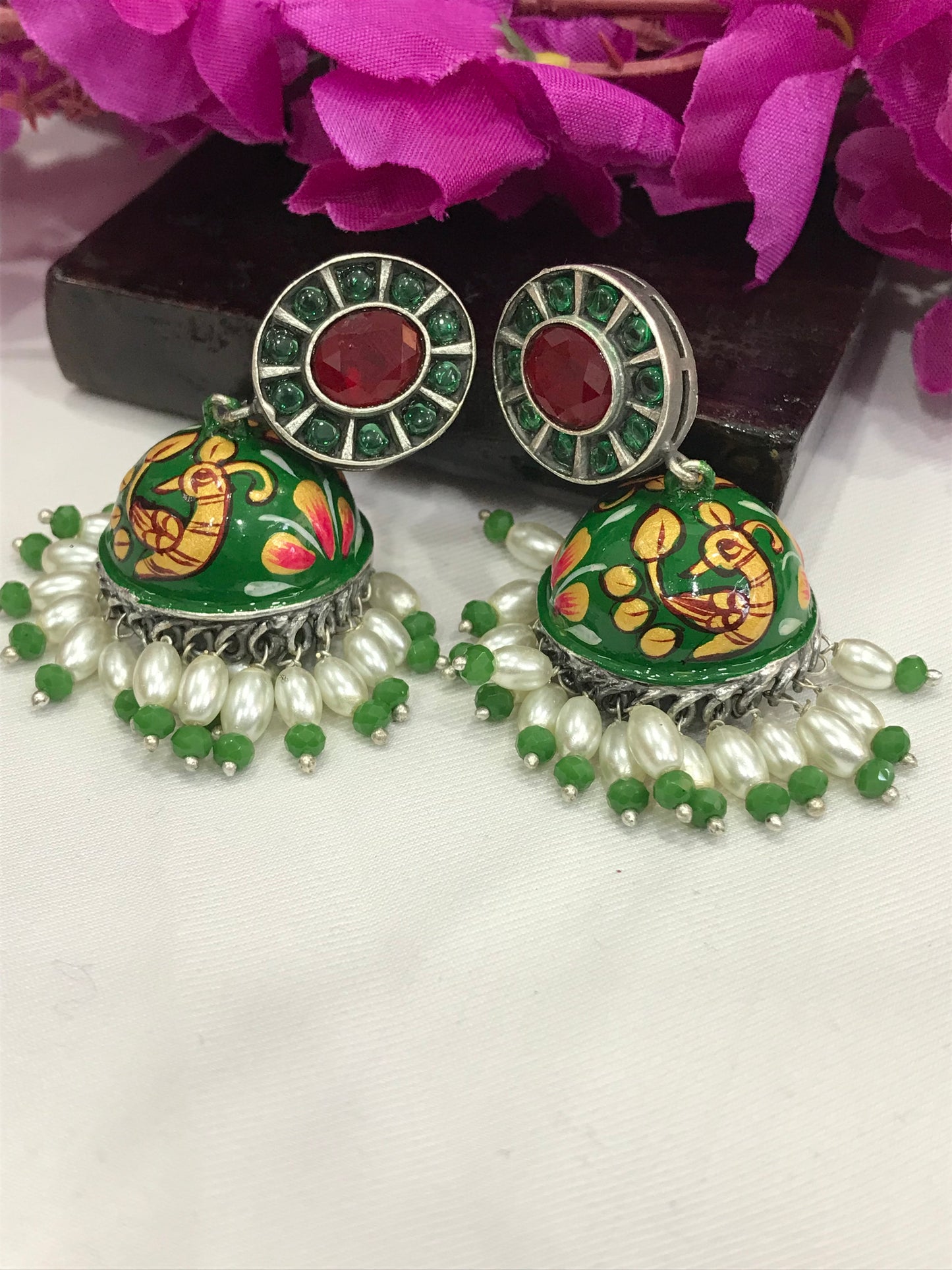 Oxidized Jhumka Earrings With Pearl Beads in Sun City