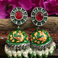 Elegant Green And Red Color Hand Painted Peacock Designed Oxidized Jhumka in USA