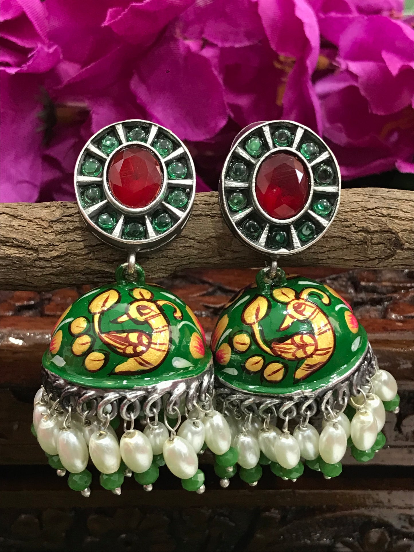 Elegant Green And Red Color Hand Painted Peacock Designed Oxidized Jhumka in USA