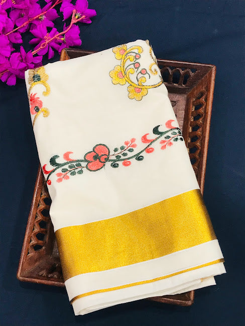 Beautiful Kerala Kasavu Cotton Embroidery Saree With Zari Border Near Me