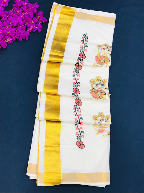 Beautiful Kerala Kasavu Cotton Embroidery Saree With Zari Border In USA