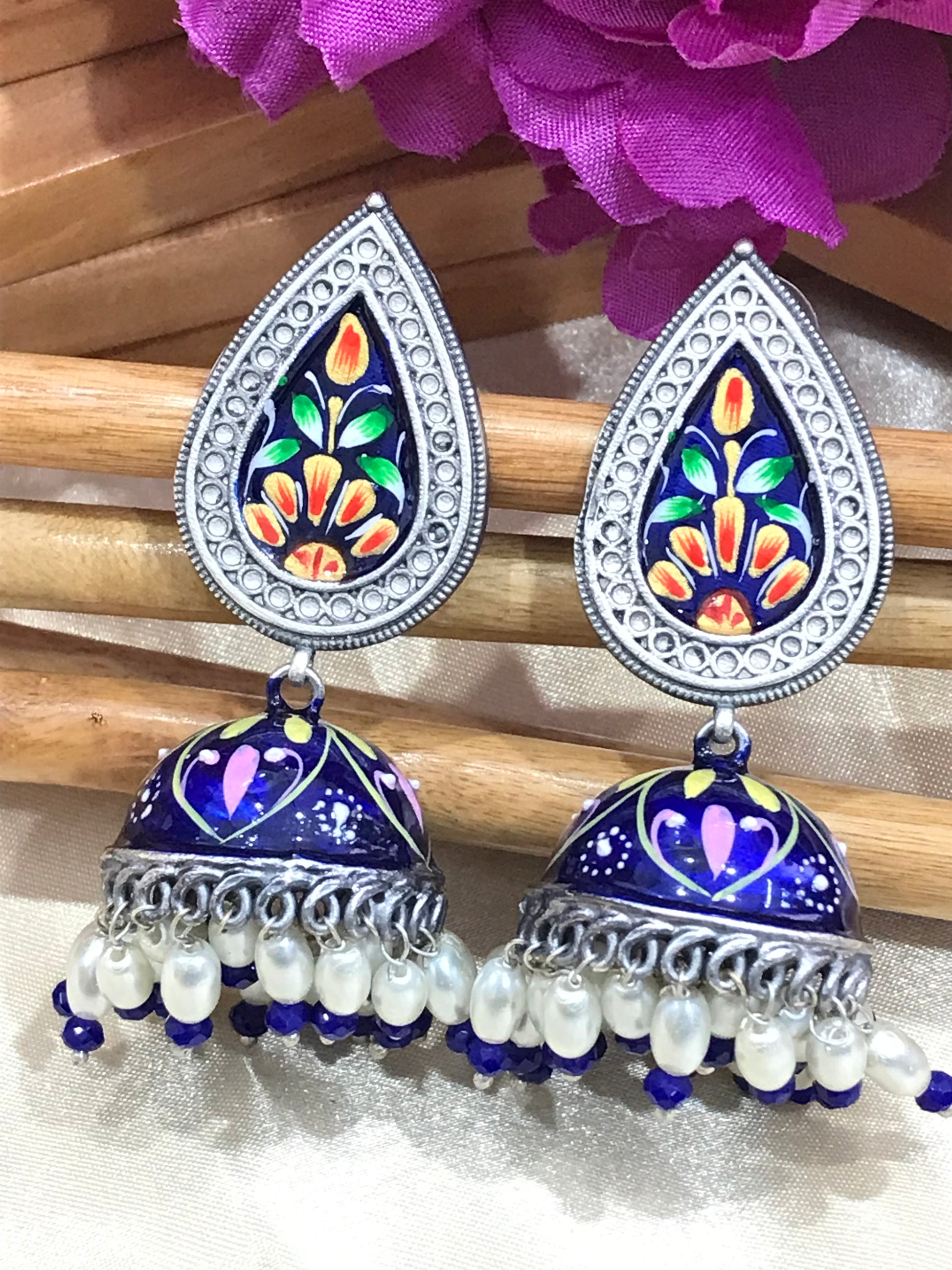 Silver Oxidized Jhumka Earrings With Pearl Drop in Sierra Vista