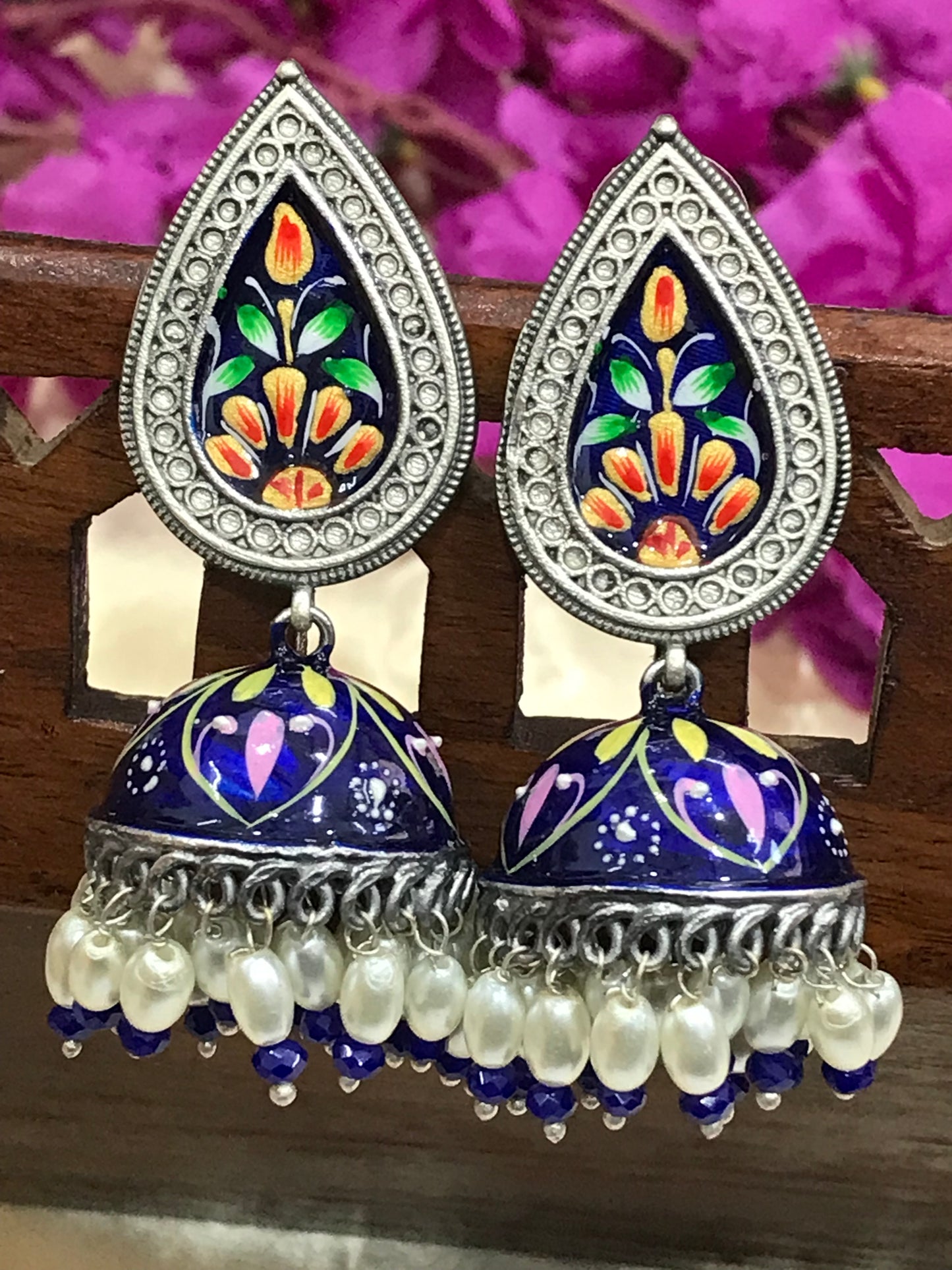 Floral Design Silver Oxidized Jhumka Earrings in USA