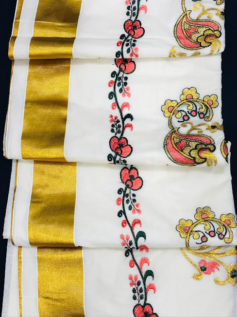 Kerala Kasavu Cotton Embroidery Saree With Zari Border In Flagstaff