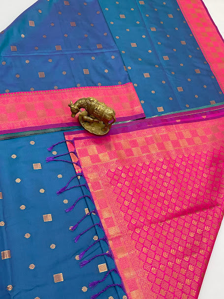 Beautiful Blue Color Gold Zari Work Soft Silk Saree In Tempe