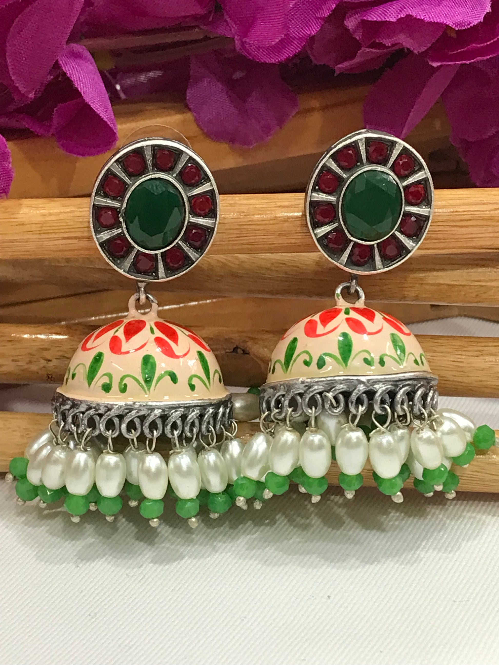 Elegant Multicolored German Silver Plated Oxidized Jhumkas With Pearl Drops