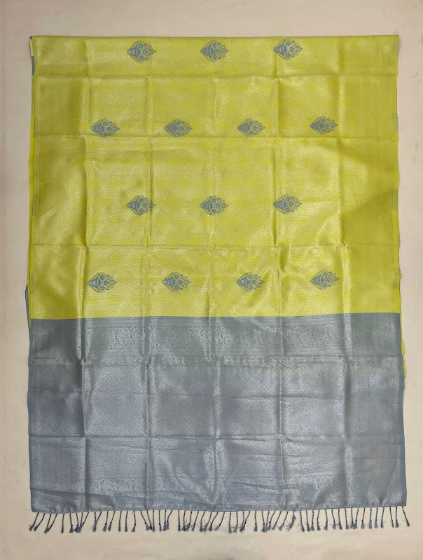 Lime Yellow Color Art Silk Saree With Gray Color Pallu In Yuma