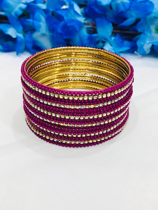 Dazzling Pink Color Stone Design Metal Bangles 