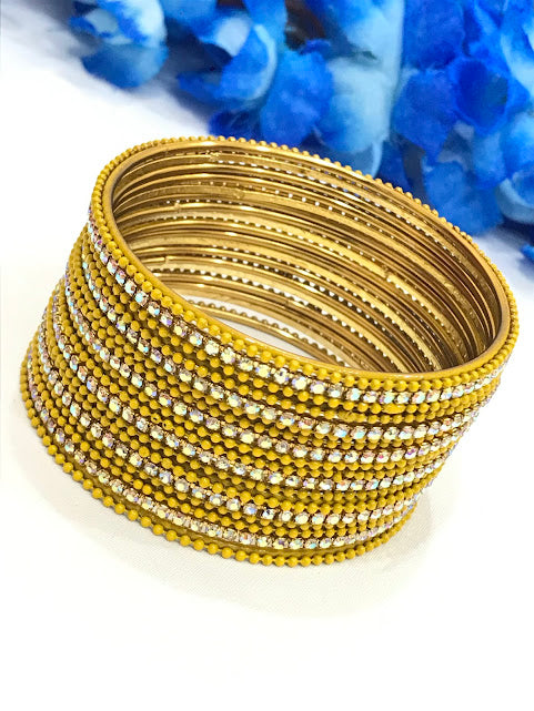 Attractive Yellow Color Bangles With White Stone For Women