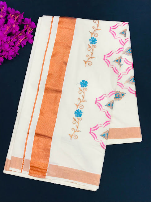 Appealing Kerala Cotton Embroidery Saree And Copper Zari Border