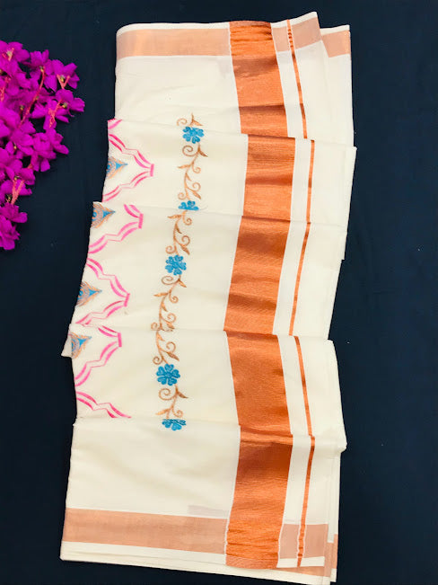 Appealing Kerala Cotton Embroidery Saree And Copper Zari Border In USA